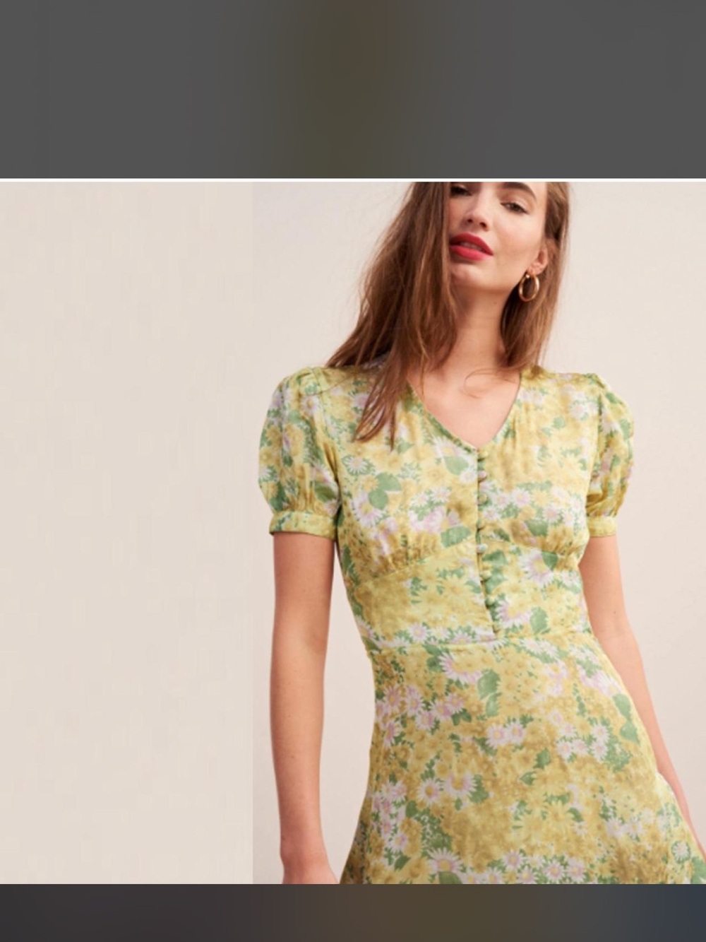 Rouje Yellow Floral V-Neck Puff Sleeve Midi Dress - Picture 2 of 5